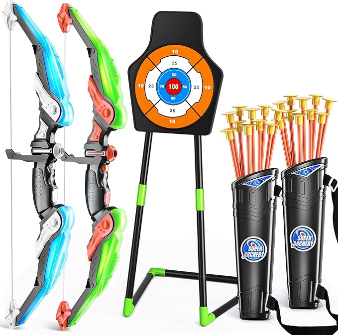 TEMI 2 Pack Archery Set - Includes 2 Bows, 20 Suction Cup Arrows & 2 Quivers & Standing Target, Outdoor Light Up Toys for Kids Boys Girls