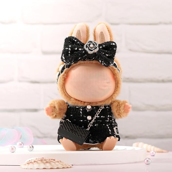 Doll Clothes for Labubu 17cm Have a Seat & Exciting Macaron & Big into Energy Series Dolls, Luxury Chic Series for 17cm Dolls Accessories (Black Dress+Hairband+Bag)