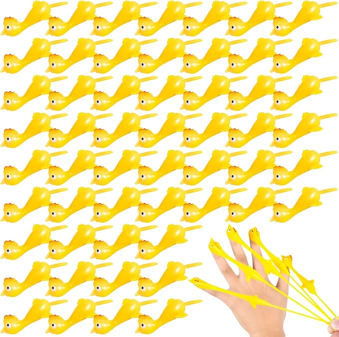 48 Pack Rubber Chicken Slingshot, Halloween Finger Slingshot Novelty Toys, Flying Chicken Toy for Christmas, Mini Rubber Chickens Bulk, Super Strong Viscosity for Teens Party Activities (Yellow)