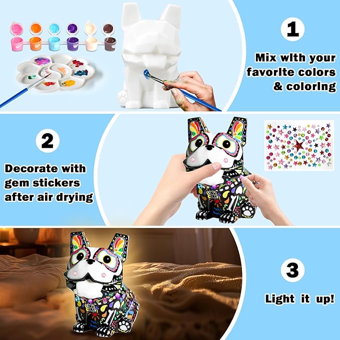 FUNZBO Paint Your Own Dog French Bulldog Lamp Kit - Easter Basket Stuffers, Arts and Crafts Supplies Painting for Kids Teens, DIY Night Light Dog Toy for Girl Boy 3 4 5 6 7 8 9 10 11 12 Birthday Gifts