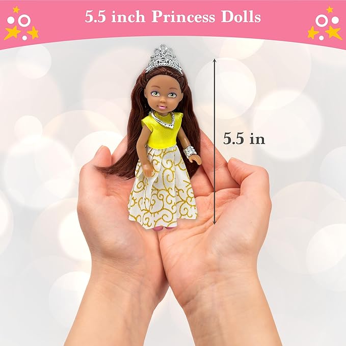 Little Dolls Set with Mini Princess Dolls for Girls – Princess Toy Dolls for Dollhouse –Small Doll Mini Princess Figures with Tiaras, Hair Accessories