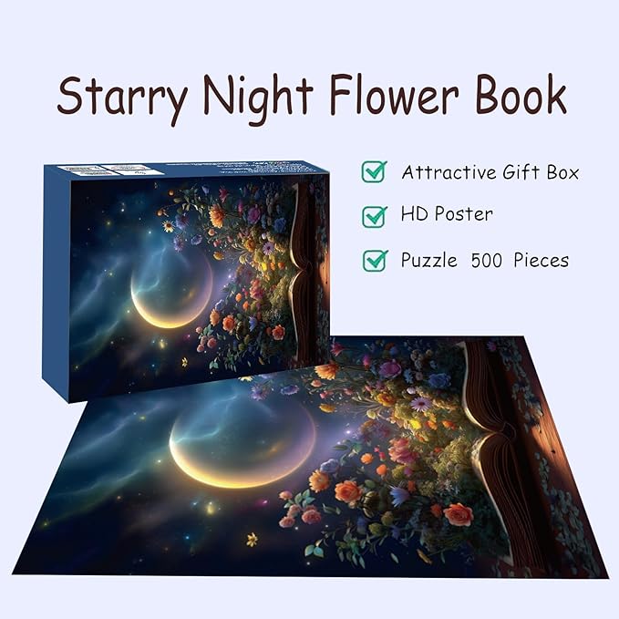 Puzzles for Adults 500 Pieces, Flowers Jigsaw Puzzles - Starry Night Flower Book, Impossible Book Puzzle for Seniors Families, 20.47x14.96 Inches, 1:1 Poster, Letter On The Back