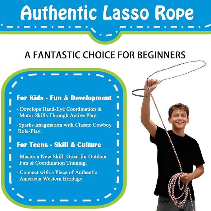 Cowboy Lasso Rope for Kids with Pre-Tied Loop, 20' - 9mm Unwaxed Lariat Roping Rope Toy for Indoor Outdoor Western Play & Costume Prop (Red Pink)