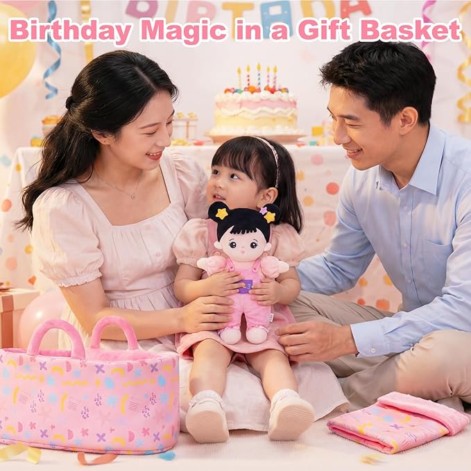 OUOZZZ 10" Soft Baby Doll Set with Plush Doll, Bassinet, Blanket and Bottle, Pretend Playset for Emotional Social Education Asian Doll for 2 Year Olds Girls Perfect Birthday Toy