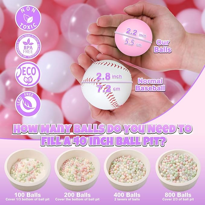 GOGOSO Ball Pit Balls for Toddler, Baby Plastic Playballs Kids Soft Pastel Pelotas Non-Toxic BPA-Free 2pink+White+Clear 200 Balls