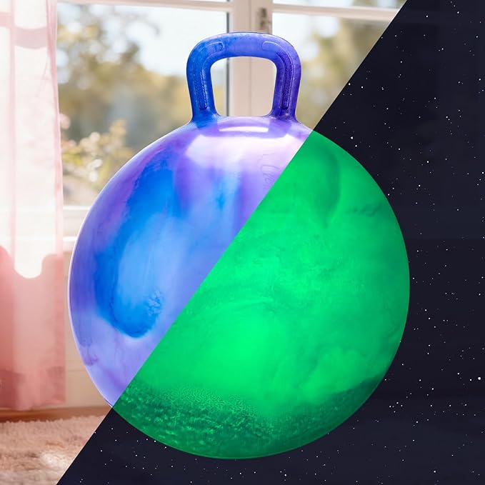 PlayZap Glow in The Dark Hopper Ball for Kids 3-8, Night Light Bouncy Ball with Handle, 18 Inch Inflatable Hippity Hop Jumping Hopping Toys Girls Boys Gifts for Indoor Outdoor
