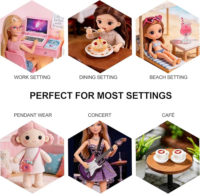 21 Pcs Dollhouse Miniature Laptop Computer Tablet Phone 1/12 1/6 Scale Tiny Book Drinks Guitar Instrument, Doll House Furniture Decor Cake Glasses Coffee Mini Headset, Camera, Potted Plants (Pink)