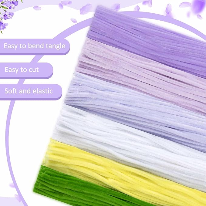 Peryiter 500 Pieces Pipe Cleaners Chenille Stems for Flowers Craft Supplies Bulk Fluffy Fuzzy Sticks for DIY Art Projects Creative Gift Wrapping Party Decorations(Light Purple Flower,12 Inch)