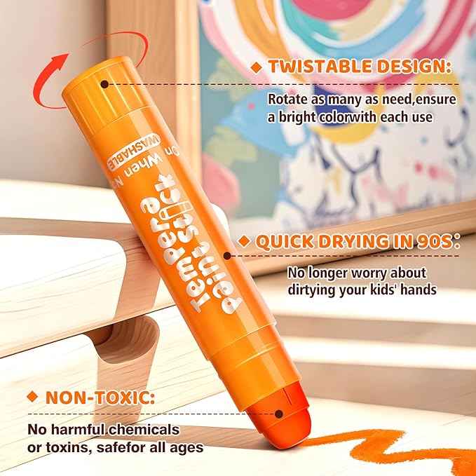 Tempera Paint Sticks For Kids, 24 Colors, Washable & Quick-Drying Twistable Solid Paint, Mess-Free Art Supplies for Drawing & Painting, Ideal Toddler Arts and Crafts Gifts
