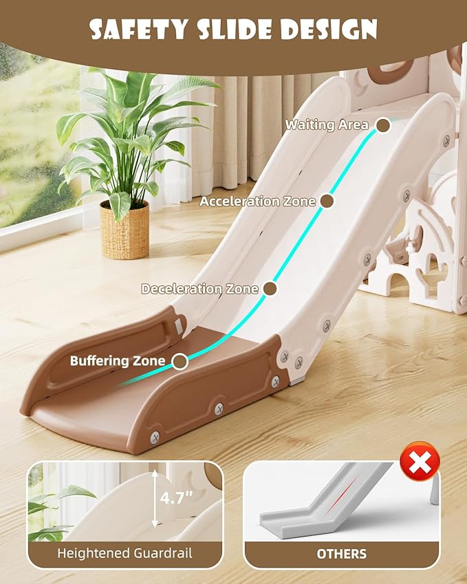 XJD Toddler Slide,12 in 1 Kids Slide for Toddlers 1-3, New Upgrade with Golf Set, Basketball Hoop, Drawing Board for Indoor Outdoor Playset,Toddler Playground (Brown)