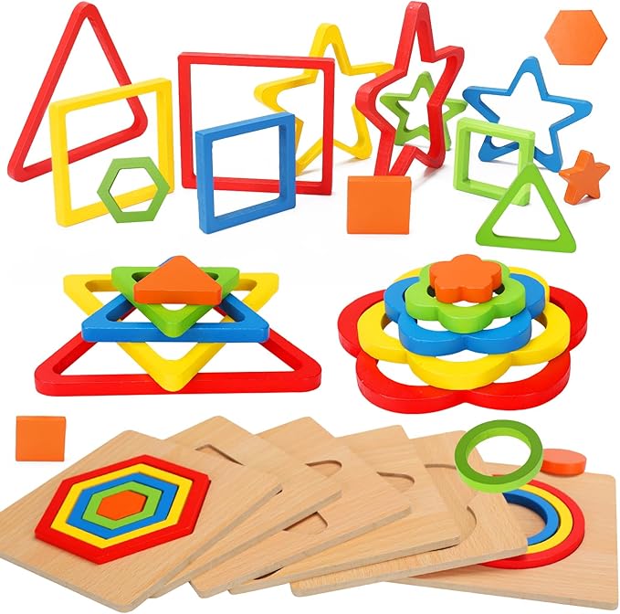 Toddler Puzzles Montessori Toy Wooden Shape Sorting Puzzle Sensory Toy Toddler Activities Preschool Learning Educational Autistic Developmental 1 2 3 Year Old Girl Boy 1-3 Dementia Game Easter Gift