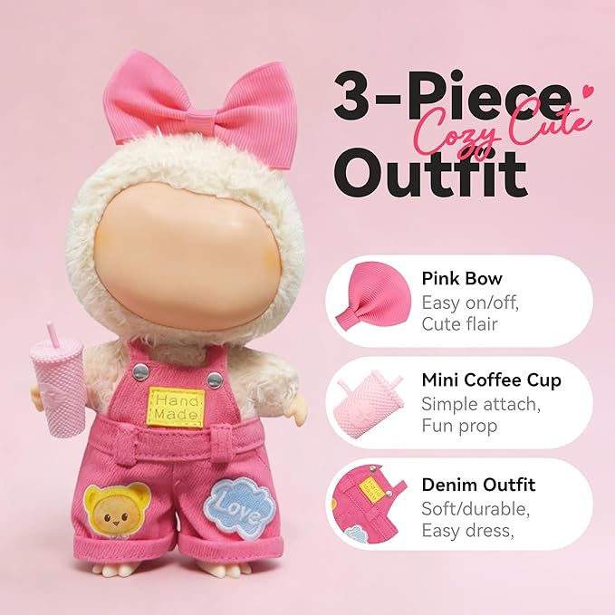Sweet Casual Style for LABUBU Clothes or LABUBU Outfits– Cute Bow & Mini Coffee Cup Accessory, Sweet Casual Style Clothes for Collectible Dolls