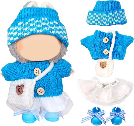 17cm Doll Clothes for Lububu,Outfits Set with Hand-Crocheted Blue Sweater, Hat, Skirt, Shoes and Bag, Designer Clothing and Accessories for Macarons Series Dolls Dress-Up(Blue Sweater Skirt)