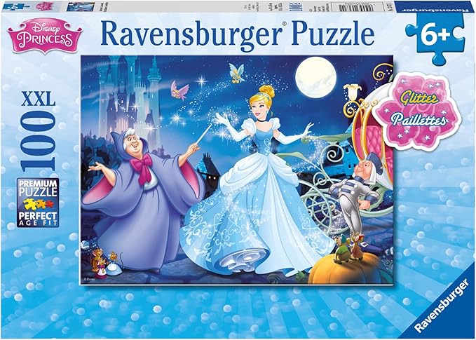 Ravensburger Disney Princess Cinderella Glitter Jigsaw Puzzle - 100 Unique Pieces Enhances Concentration & Creativity | Eco-Friendly | Ideal for Kids