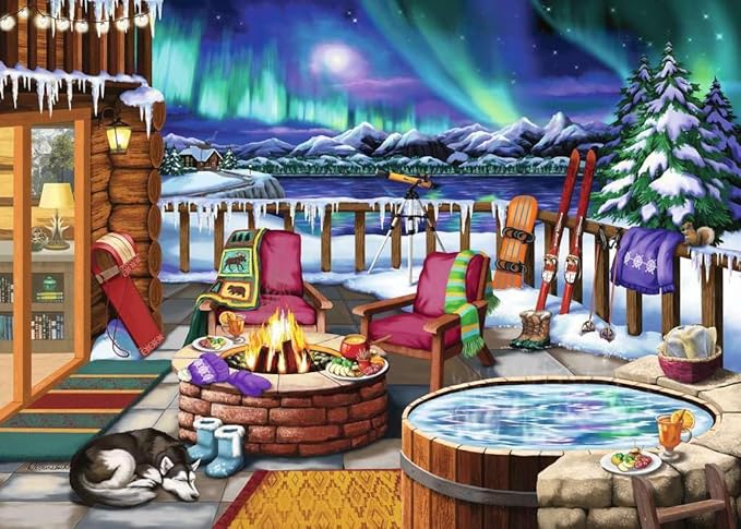 Ravensburger - Northern Lights - 500 Piece Large Format Jigsaw Puzzle - Stunning, Bold, Vivid Image of The Phenomenon - Warm Fireside Cabin - Premium Quality - Puzzles for Adults