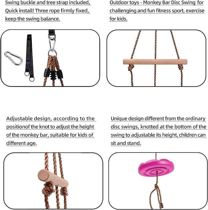 KINSPORY Disc Swing for Kids, Swing Set Accessories, 7FT Height Adjustable Gym Monkey Bars, Hanging Tree Seat for Backyard, Outdoor Play Equipment (Rose Pink)