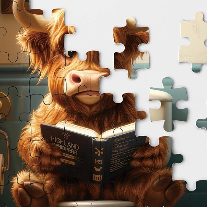 Funny Highland Cow Puzzle for Adults 1000 Pieces, Cute Reading Book Animal Jigsaw Puzzle, Bathroom Toilet Paper Puzzle