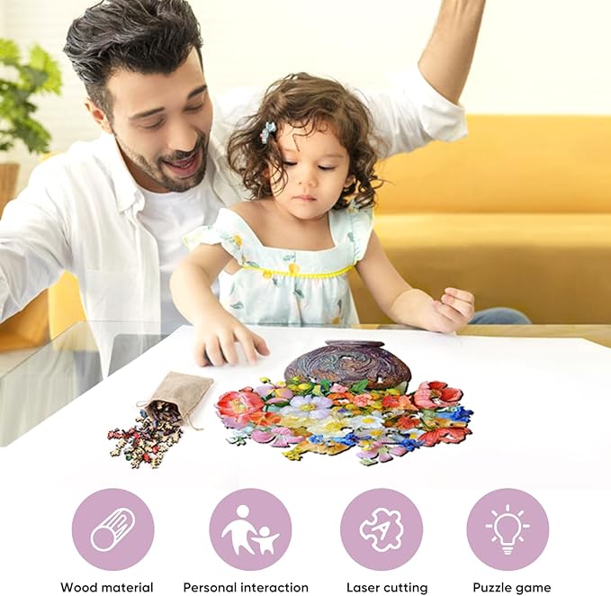 Delobil Flower Wooden Puzzles for Adults, 200 Pieces Vase Jigsaw Puzzles, Unique Shaped Medium Size Wood Puzzle Birthday Gifts for Mom Adults and Kids, Family Game 11'' x 11.3''