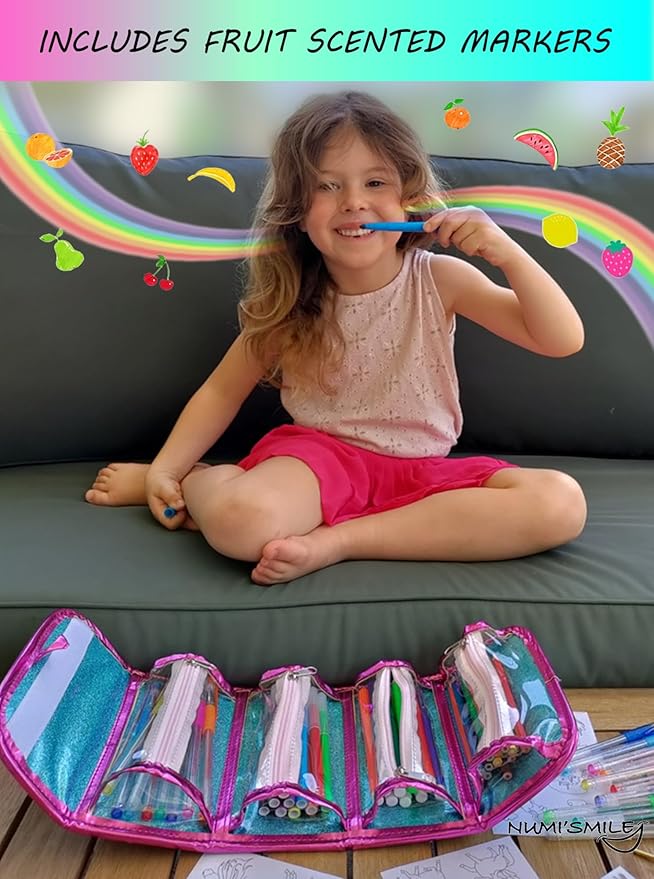 Mermaid Pencil Case With Fruit Scented Markers Art Set, Little Mermaid Gifts For Girls Ages 3 4 5 6 7 8 9 10 Years Old, Kids Coloring Set Arts & Crafts Supplies, Birthday Girl Mermaid Toys For Girls