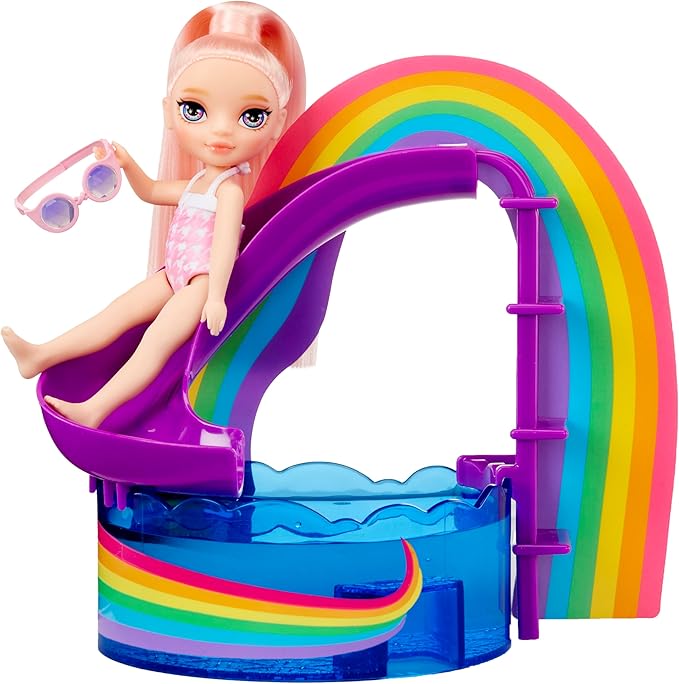 Rainbow High Littles Pool Day Playset + Small Doll (Pink 5.5”), Pool with Rainbow Slide, Accessories, Smoothie Stand, Kids Gift Ages 4+