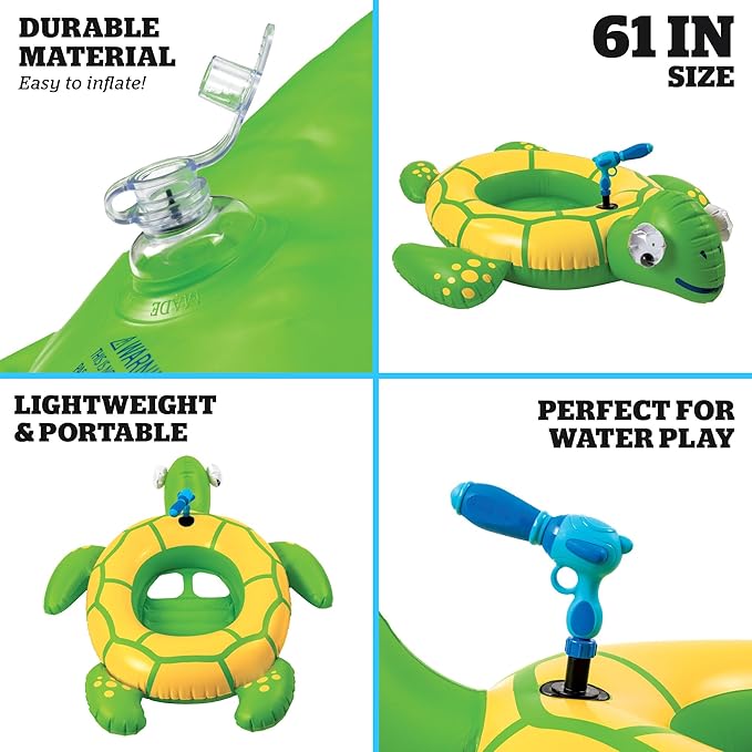 Turtle Water Blaster Ride-On Inflatable, Pool-Fed Spray Cannon, Large Splash Toy for Swimming Play, Summer Outdoor Fun for Kids, Backyard Adventure Youth