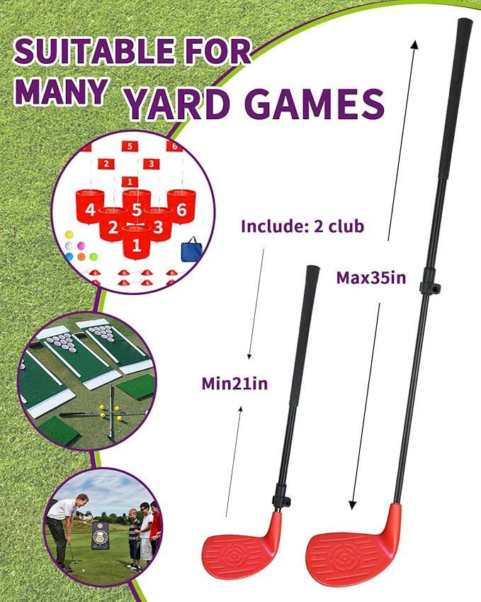 KOFULL Backyard Golf Clubs with Extendable Shaft 2 Packs– Backyard Outdoor Game Club with Oversize Head for Golf Game with Buckets – Length Adjustable 21"-36" for Family – Right-Handed Training, Red