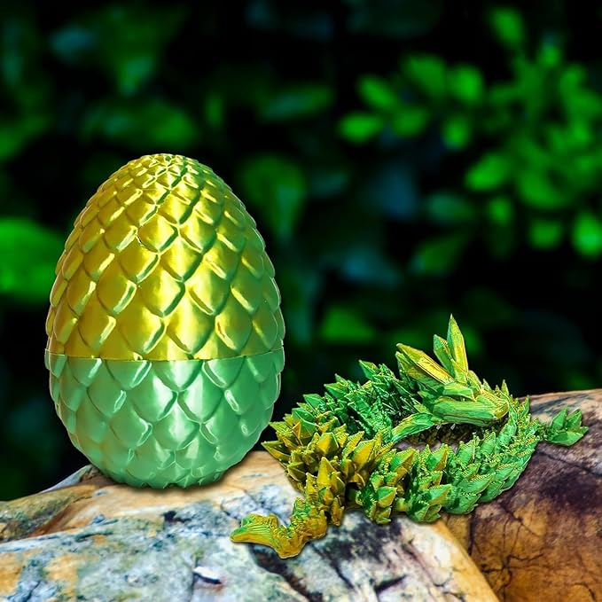 3D Printed Dragon Easter Egg,8.5in. Articulated Crystal Dragon Fidget Toy,Perfect Basket Essentials Stuffers (4sets & Gold/Bluegreen/CandyMulti/BlackRed, L8.5inch Dragon&H3.5inch Egg)