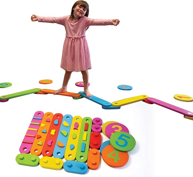 Schooled Wood Balance Beam Set for Children - Montessori Toddler Obstacle Path with Stepping Stones