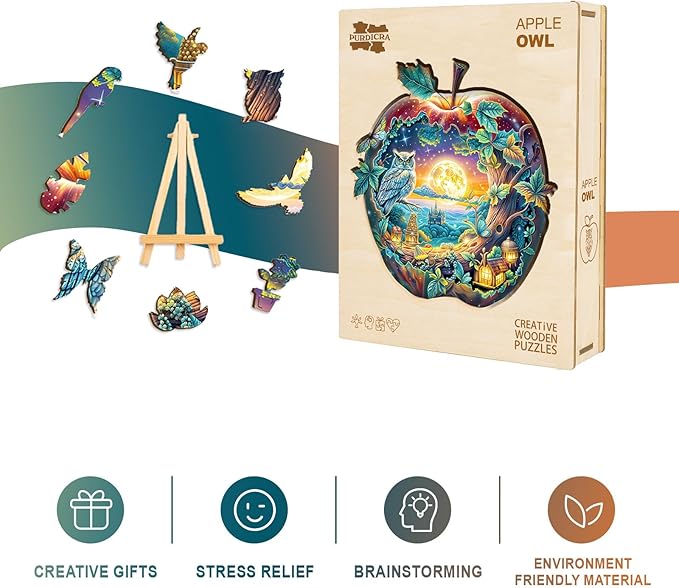 Wooden Puzzles for Adults, Apple Owl Jigsaw Puzzles with Unique Shape, Wood Challenging Jigsaw Puzzles Ideal for Adults, Christmas Birthday Gifts for Women Men Puzzle Game Lovers, 8.5"x8.1" - 90pcs