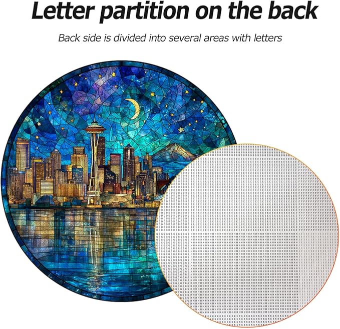 Bgraamiens 1000 Piece Jigsaw Puzzles for Adults – Seattle Skyline at Night – Stained Glass Style Cityscape with Moonlit Reflection – Artistic Urban Gift Challenge