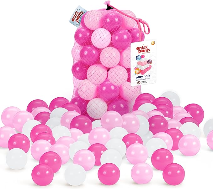 Antsy Pants 100 Ball Pit Balls, Ball Pit for Toddlers 1-3, Non-Toxic Materials, Lightweight, Reusable Storage Bag, Plastic Balls for Ball Pit, Sensory Toys for Kids, Pink/White