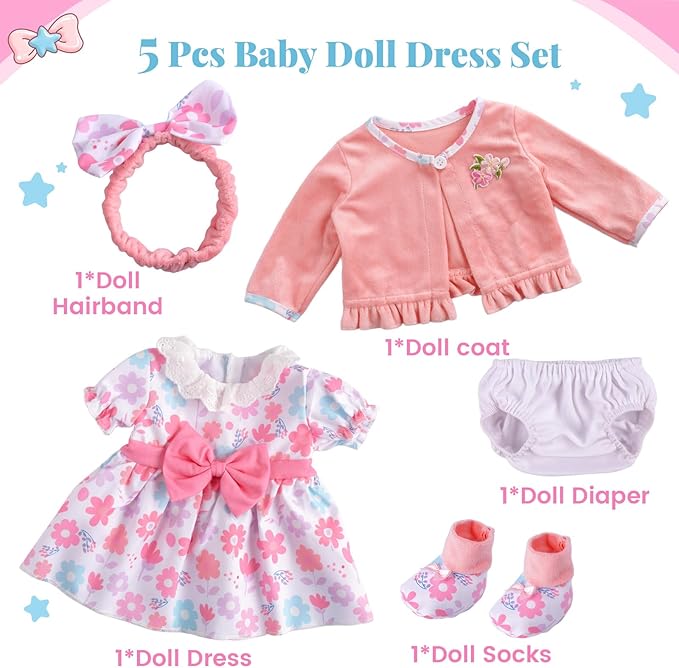 BABESIDE 5-Piece Reborn Baby Doll Clothes Set Fits 17-22 Inch Dolls with Floral Dress, Headband, Coat, Baby Doll Reusable Diaper and Socks,Pretend Play Accessories for Ages 3+