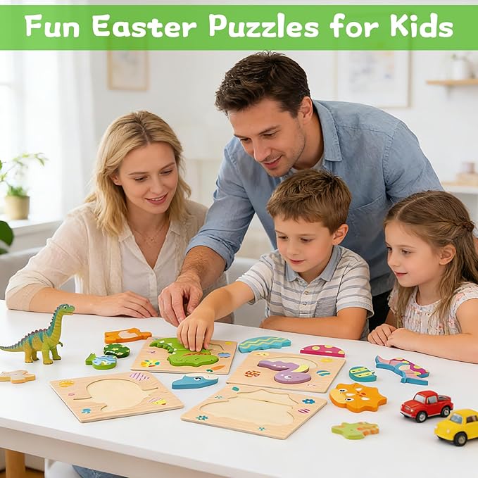Easter Wooden Puzzles for Kids Toddlers,4 Pack Dinosaur Easter Puzzle,Easter Basket Stuffers Party Favors,Fun Dinosaur Puzzle Toy Gifts for Toddlers Kids Girls Boys