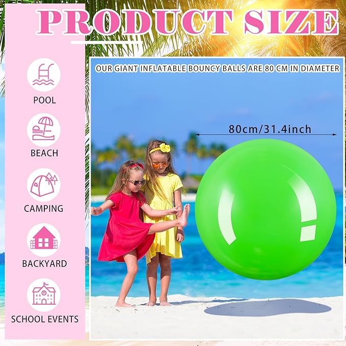 Jenaai 2 Pcs 30 Inch Large Bouncy Balls Giant Inflatable Rubber Kickballs Big Outdoor Exercise Jumping Hopping Ball for Outdoor Activity Sports Party Decor(Pink, Green)