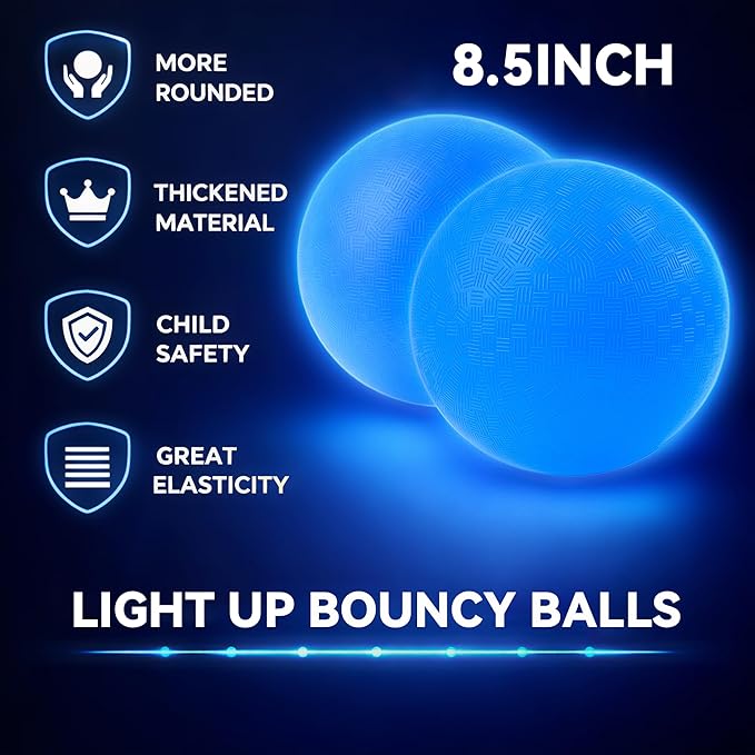 2 Pack Glow in The Dark Kickball, 8.5 Inch Light Up Playground Ball with 2 Mesh Bags & Hand Pump, No Battery Needed, Charge by Sunlight or Indoor Light,Gift Box