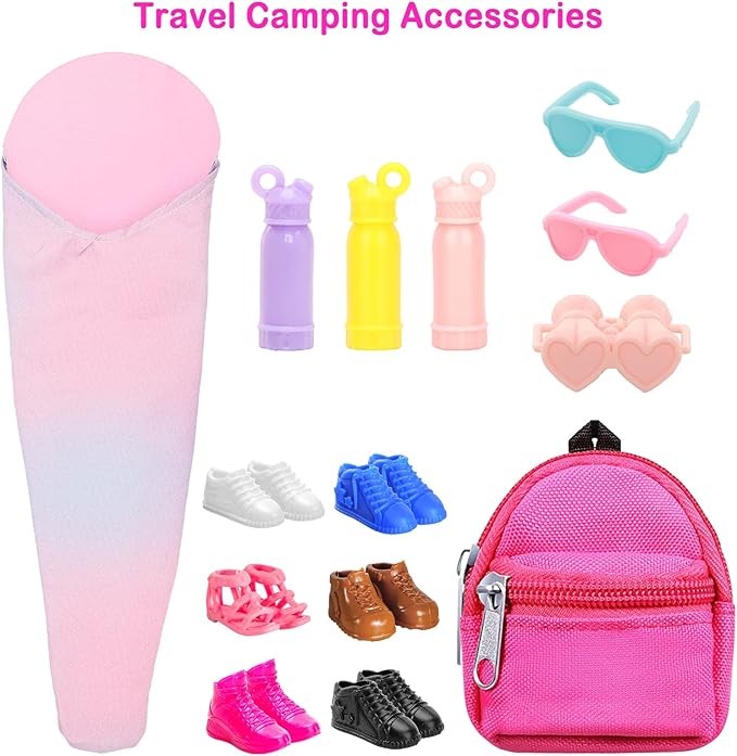 BARWA 26 Pcs Doll Travel Camping Set Includes 7 Sets Doll Clothes, Sleeping Bag, Backpack, Sport Bottles, Telescope,Glasses, Shoes Camping Accessories for 11.5 Inch Dolls