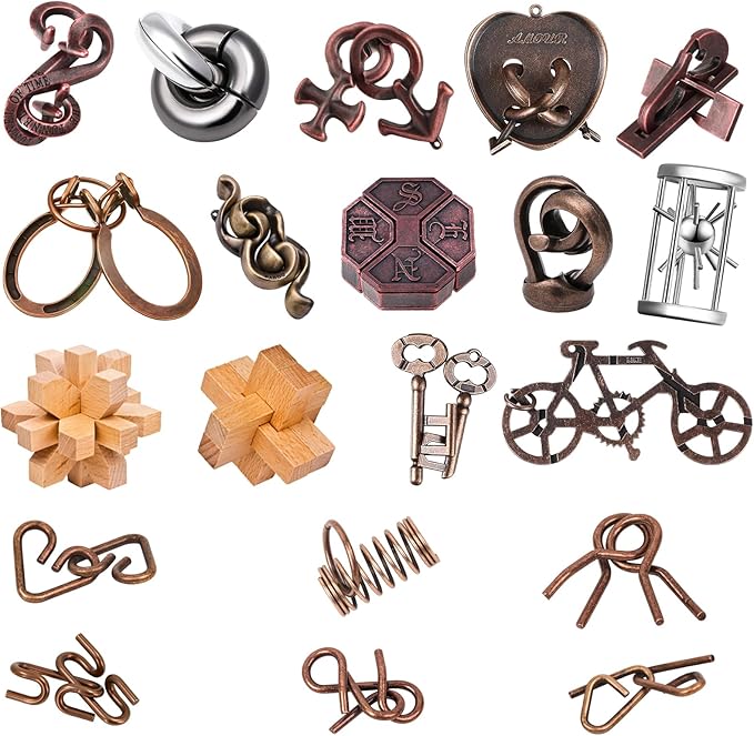 20 PCS Metal Brain Teaser Puzzles Ring Educational Toys – Logic & Mind Puzzles for Adults & Kids, Fun Christmas Stocking Stuffers (20PCS Metal+Wood Puzzles)