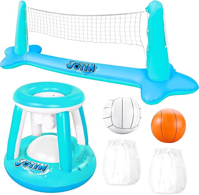 JOYIN Inflatable Pool Float Set Volleyball Net & Basketball Hoops, Floating Swimming Game Toy for Kids and Adults, Summer Floaties, Volleyball Court (105”x28”x35”)|Basketball (27”x23”x27”),L-Blue