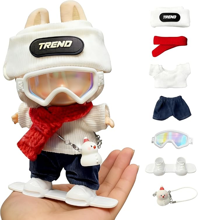 Ski Style for LABUBU Clothes or LABUBU Outfits, Set with Trend Beanie, Red Scarf, Goggles, Snowman Charm & Mini Snowboard – Cute Collectible Dolls Outfits