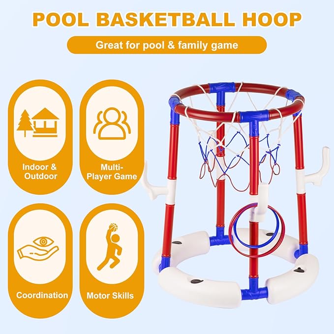 Taotuo Red Floating Pool Basketball Hoop, 2-in-1 Basketball & Ring Toss Game with 4 Balls, 6 Rings&Pump, Summer Pool Toys Outdoor Water Fun Family Party for Age 3-12