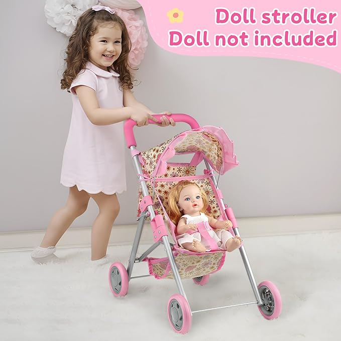 GAGAKU Baby Doll Stroller, Foldable Toy Stroller with Storage Basket and Bag, Diaper, Reborn Doll Accessories for Girls & Kids Ages 3+, Daises Pattern