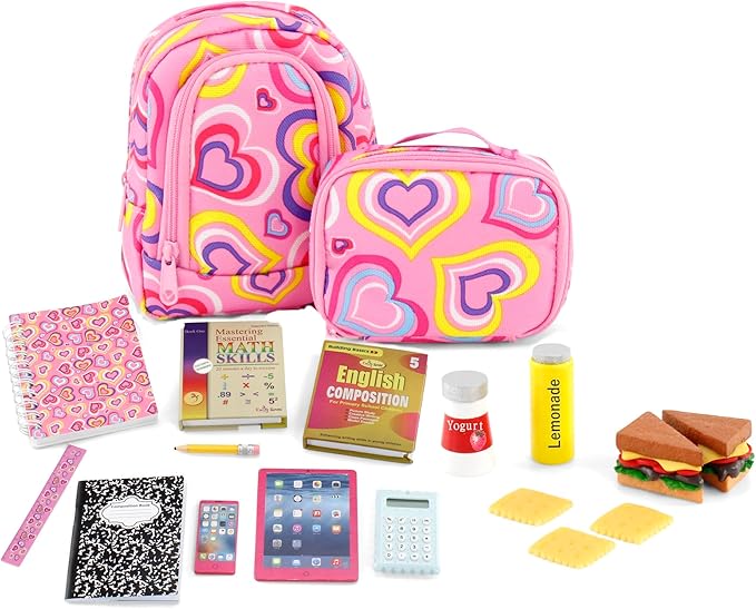 Emily Rose 18-Inch Doll School Essentials 18-Piece Set – Backpack, Lunch Box, Working Calculator & Pretend Food | Premium Back-to-School Playset Compatible with American Girl Dolls