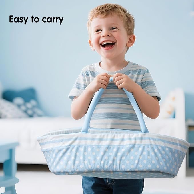 Reborn Baby Dolls Bassinet Blue Crib Bed Soft Toddler Doll Carrier for 18-24 Inch Baby Doll Accessories Baskets with Handle (Blue)