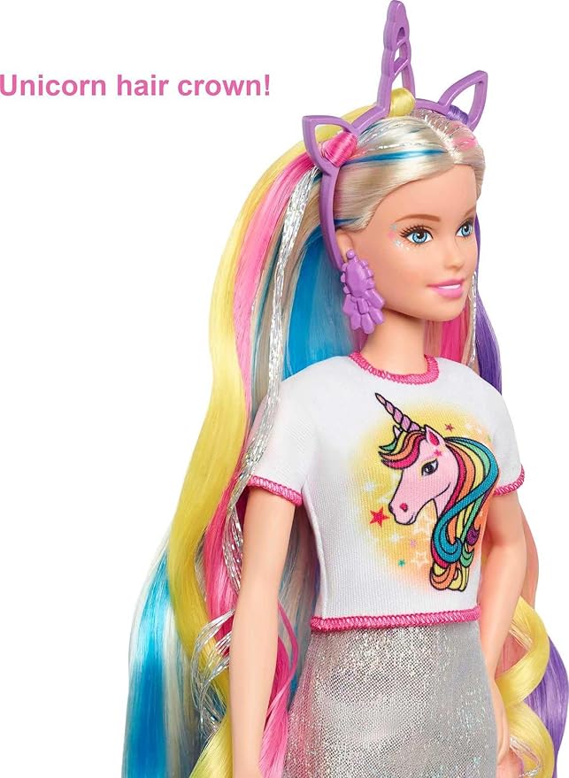Barbie Fantasy Hair Doll, Blonde, with 2 Decorated Crowns, 2 Tops & Accessories for Mermaid and Unicorn Looks, Plus Hairstyling Pieces, for Kids 3 to 7 Years Old (Amazon Exclusive)