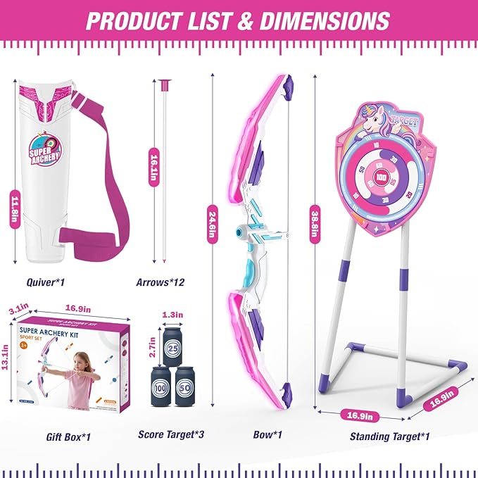 Bow and Arrow for Kids, LED Light Up Unicorn Archery Set with 12 Suction Cup Arrows, 1 Standing Glow Target, 3 Score Targets & 1 Quiver, Indoor Outdoor Sport Toys for Boys Girls Ages 4-12