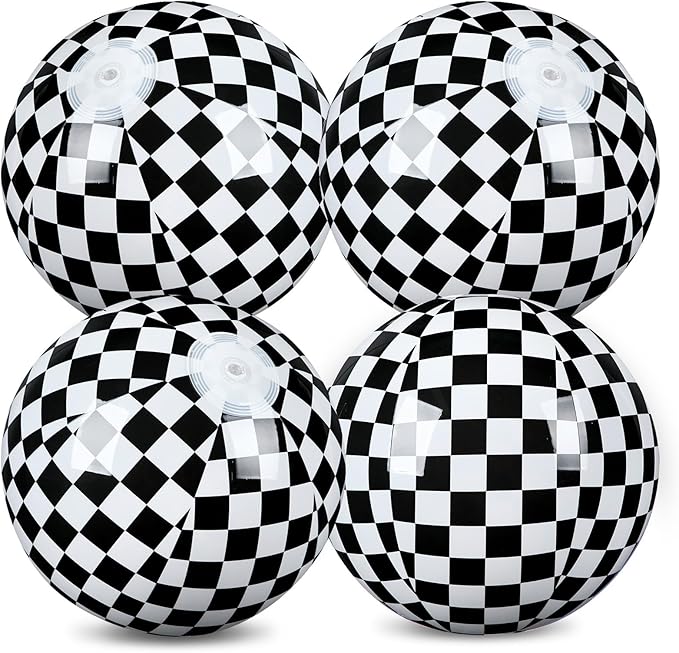 4 Pack Black and White Beach Balls 11.8" Checkered Flag Themed Inflatable Beach Ball Bulk Race Car Birthday Party Supplies for Summer Pool Party End of the Year Decoration Favor
