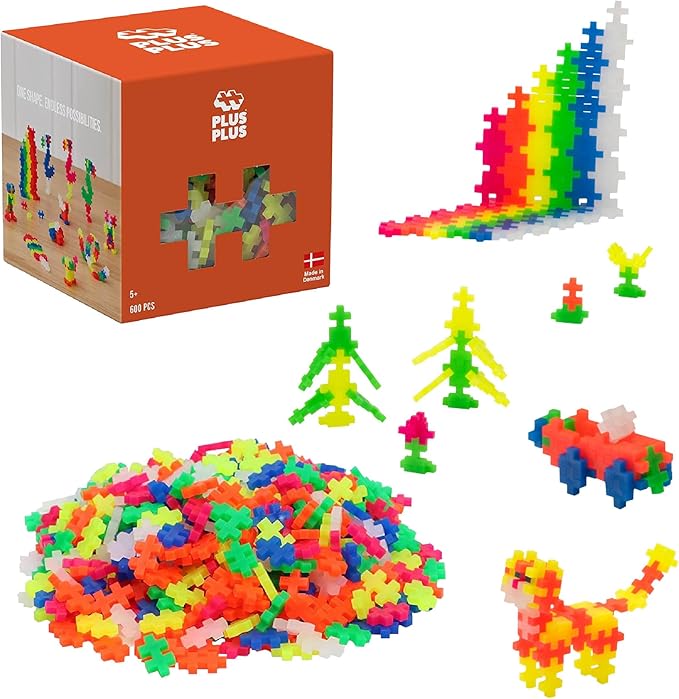 PLUS PLUS 600 Piece Interlocking Building Blocks for Kids, Open Ended Connecting Toys, STEM Bin Classroom Mini Manipulatives Play Tube - Neon Color Mix