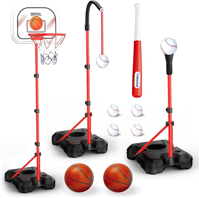 3-In-1 Kids Basketball Hoop and T Ball Set for Age 3-5 6-8, Adjustable Toddler Basketball Hoop, Hanging Tee Ball for Outdoor, Birthday Christmas Sport Toys Gift for Boys Girls 3 4 5 6 7 8 Year Olds