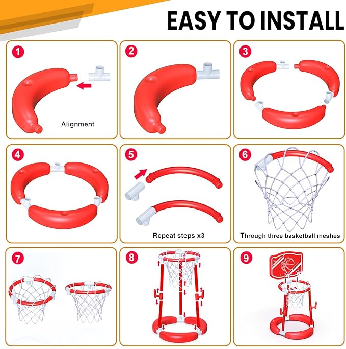 SpringFlower Pool Basketball Hoop with Backboard, Floating Basketball Pool Hoop,Kids & Adults Swimming Pool Game with Ring Toss, 2 Pcs Balls and Pump, Red