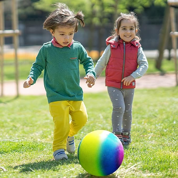 Visen 4Pcs Rainbow Playground Balls for Kids&Adults with 1 Hand Pump,8.5Inch Colorful Rubber Bouncy Balls,Inflatable Multi Colors Kick Balls Handball,Durable Indoor&Outdoor Play Toys
